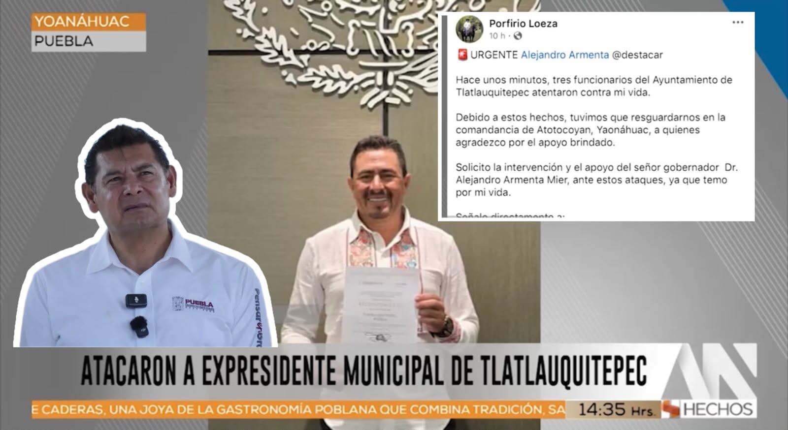 Violencia en Puebla alcanza a exalcalde Porfirio Loeza, denuncia ataque armado bajo el gobierno de Alejandro Armenta