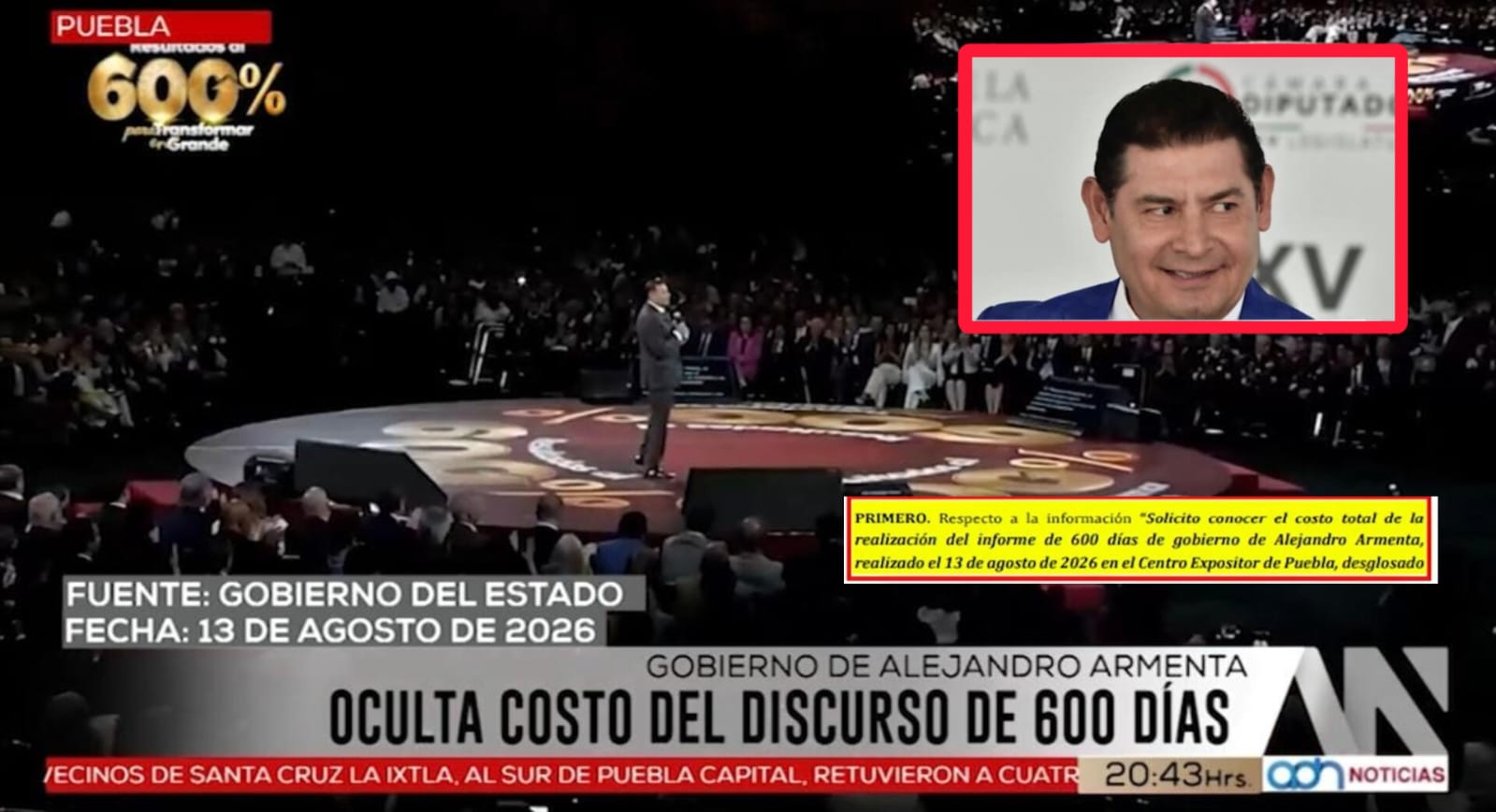 ¿No que gobierno transparente? Alejandro Armenta ocultó a los poblanos hasta 2029 el dinero que les costó su evento de 600 días