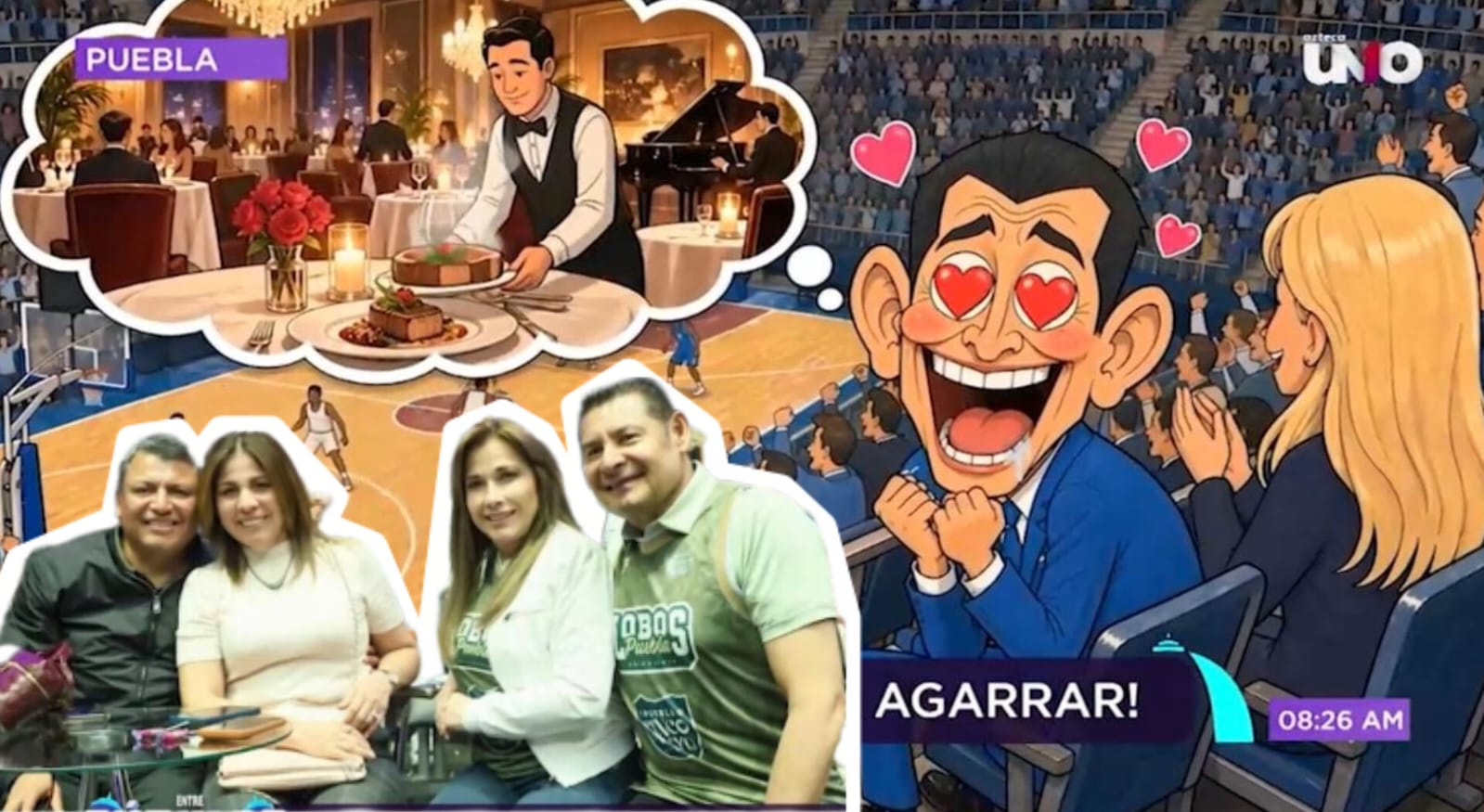Sátira Cupulosa: Gobernador Alejandro Armenta y su esposa Ceci Arellano se dan su cita romántica en el básquetbol mientras Puebla se cae a pedazos